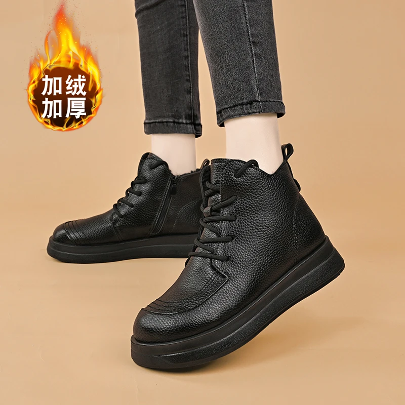 高端复古加绒马丁靴女冬季保暖软底免绑带防滑女棉靴厚底青年女鞋