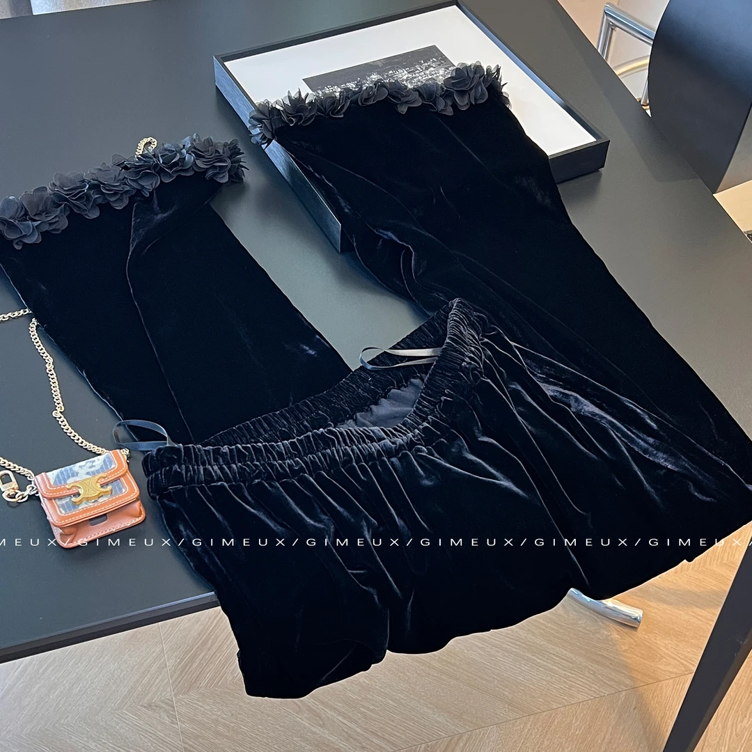 黑色丝绒阔腿裤女2025夏季新款高腰显瘦垂感休闲直筒拖地长裤子潮