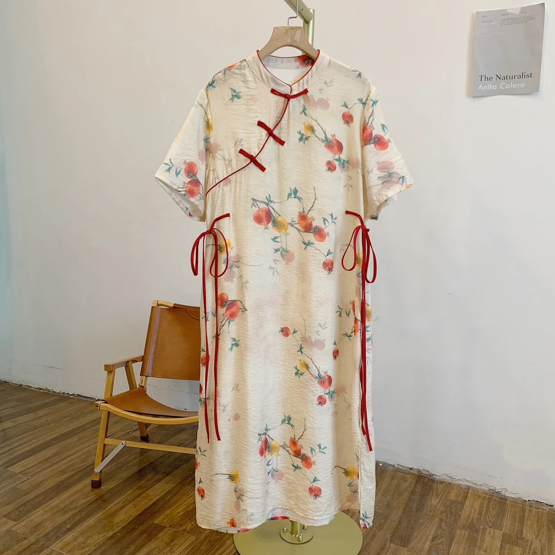 红石榴C4259印花腰侧系带盘扣斜门襟立领短袖旗袍连衣裙