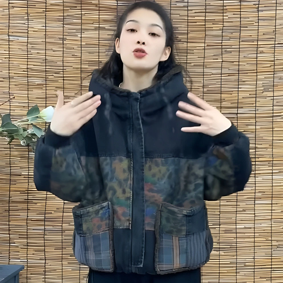 复古棉衣连帽女长袖格子短款印花加绒牛仔棉服女厚款花色字母保暖