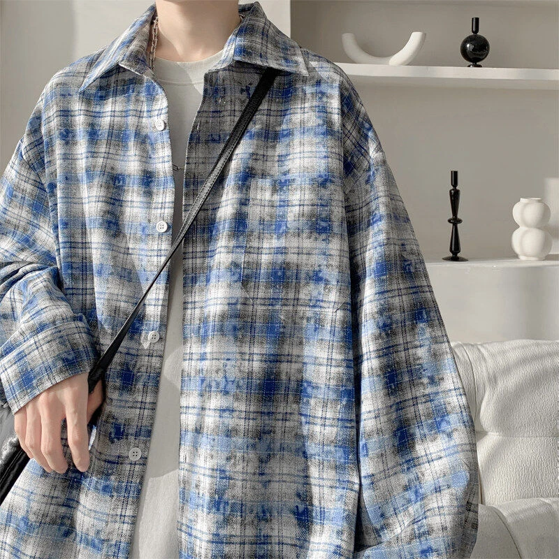 衬衫港风长袖格子情侣百搭宽松上衣衬衣休闲春秋ins痞帅外套男士