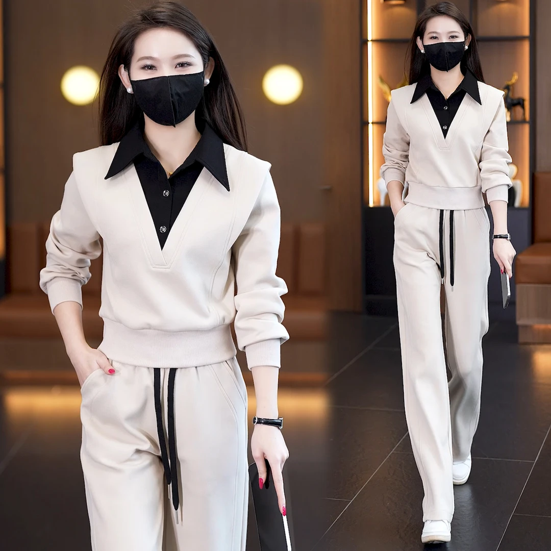 卡其衬衣领气质休闲假两件 polo春女运动套装2025休闲时尚两件套