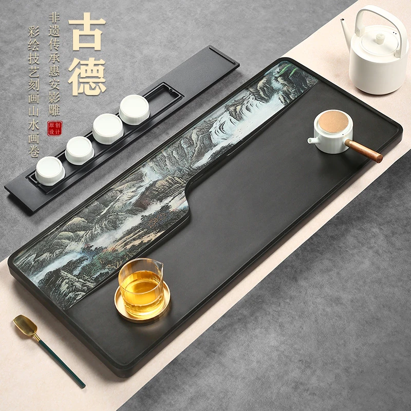 石间说乌金石茶盘彩绘影雕工艺皇庭玉高端家用简约创意茶台古德