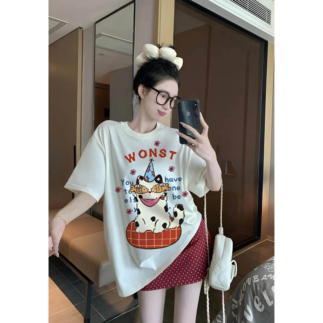 WONST【牛奶小猫】重磅300G100%纯棉康利数码直喷宽松圆领短袖T恤