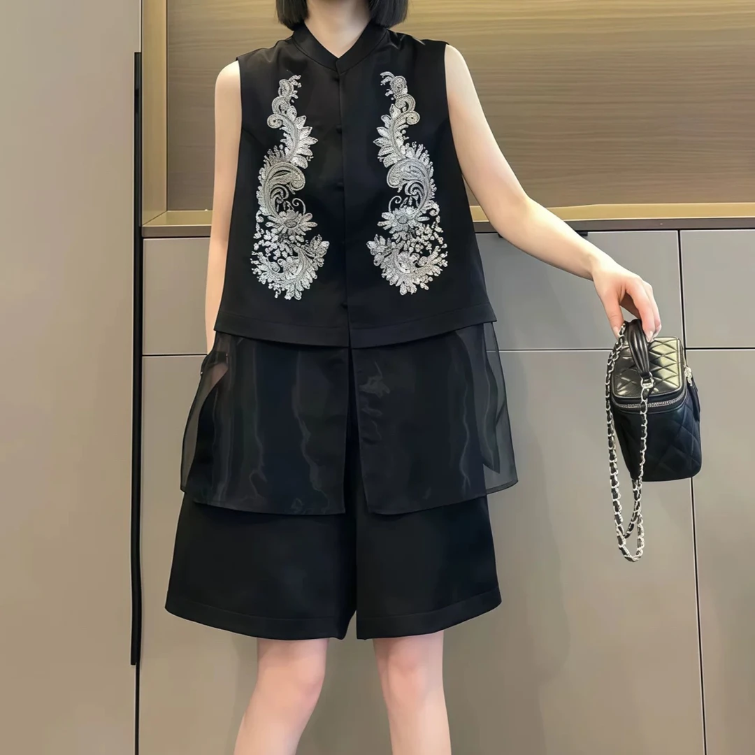 2025年夏欧货重磅黑色淡人无袖衬衫大码女装胖MM网纱拼接高端上衣