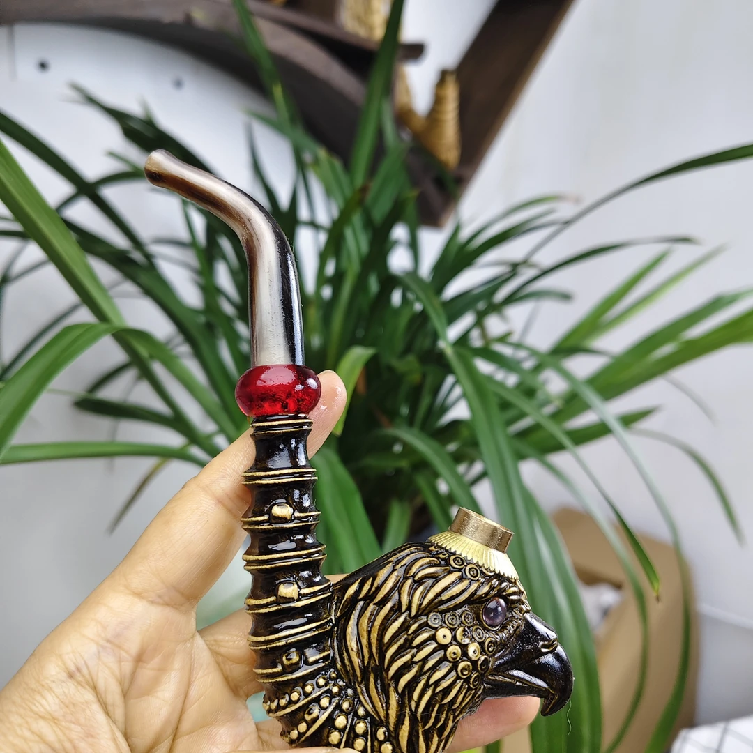 贵州民间实心竹雕刻小号黑色鹰嘴牛角嘴14.5公分四合一火口