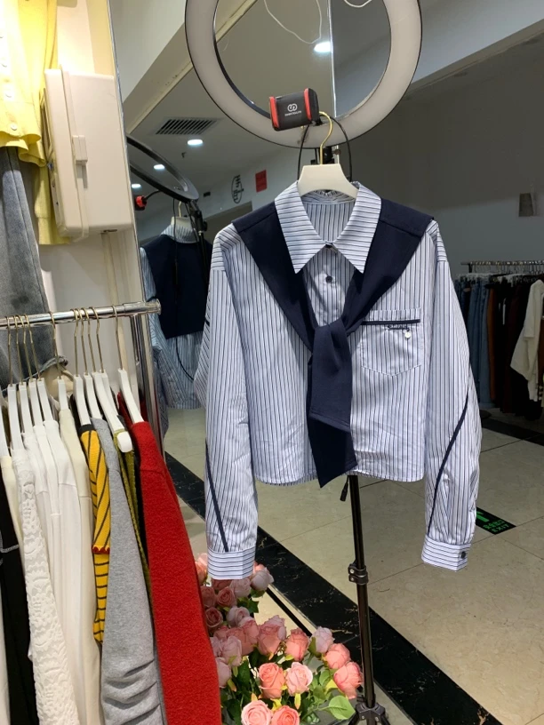 复古纯色长袖衬衫女宽松显瘦百搭条纹上衣