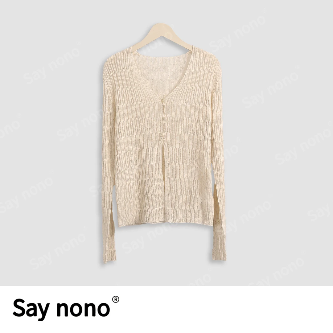 懒猫nono│Saynono 天丝亚麻镂空空调V领开衫/SS24076