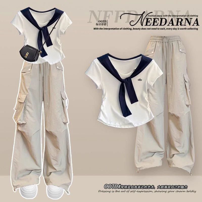 少女学院气质撞色短袖2025夏装新款初高中学生工装裤套装两件套