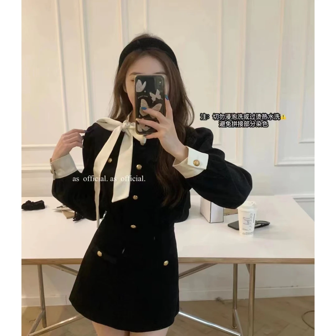 ‘’名流贵女‘’气质名媛风黑金小香风大小姐套装法式蝴蝶结丝绒套装