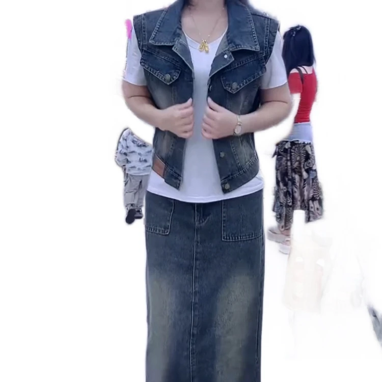8508款时尚洋气牛仔马甲搭配半身裙套装