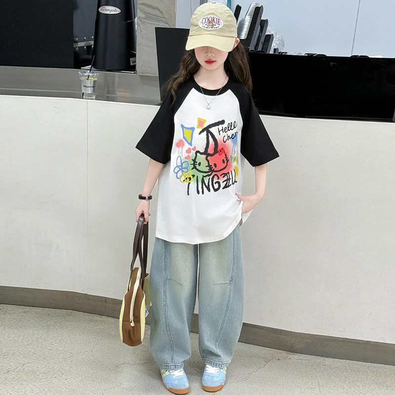 女童夏季T恤儿童牛仔洋气时尚休闲宽松中大童印花儿童牛仔洋气