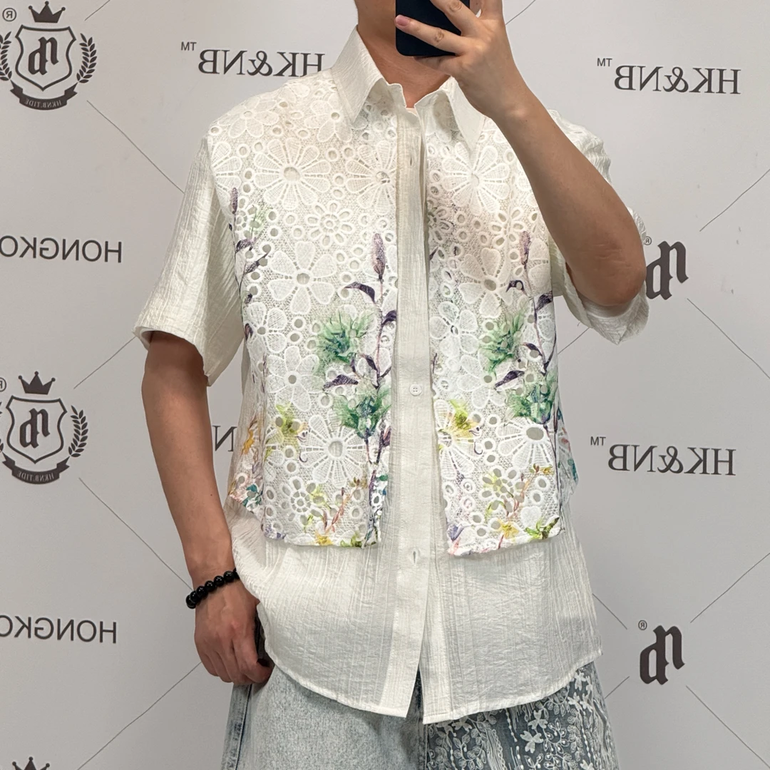 HK&NB x 国风蕾丝 春夏潮流情侣双层蕾丝中国风印花休闲短袖衬衫