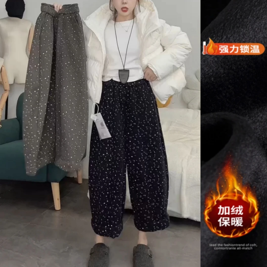 景倩妮韩系复古文艺碎花休闲裤2025年冬季新款加绒显瘦八分弯刀裤