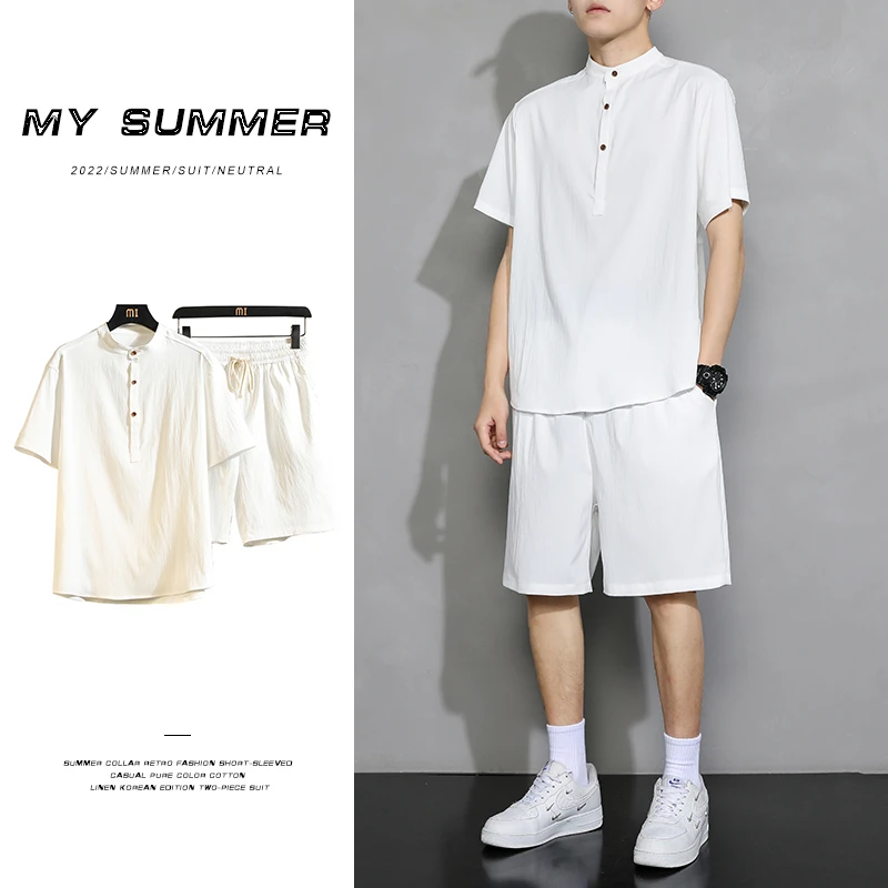 夏立领复古国风潮短袖套装休闲韩版两件套宽松潮流时尚薄款港风