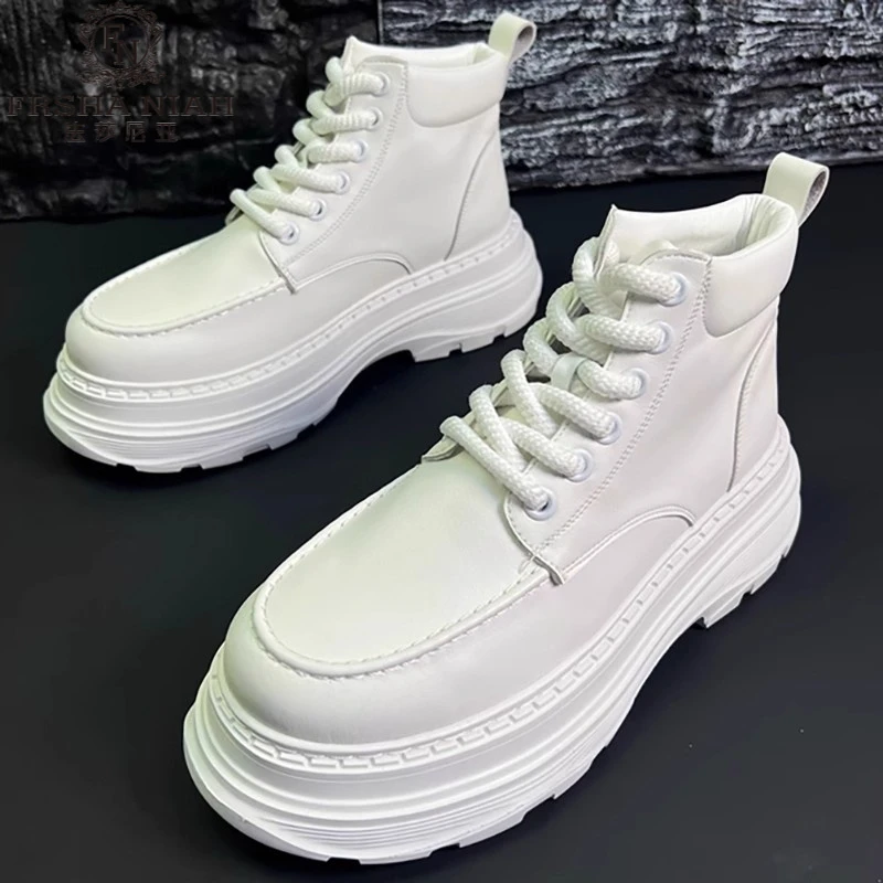 法莎尼亚男士马丁靴秋冬厚底高帮工装鞋时尚青年白色春季男士厚底