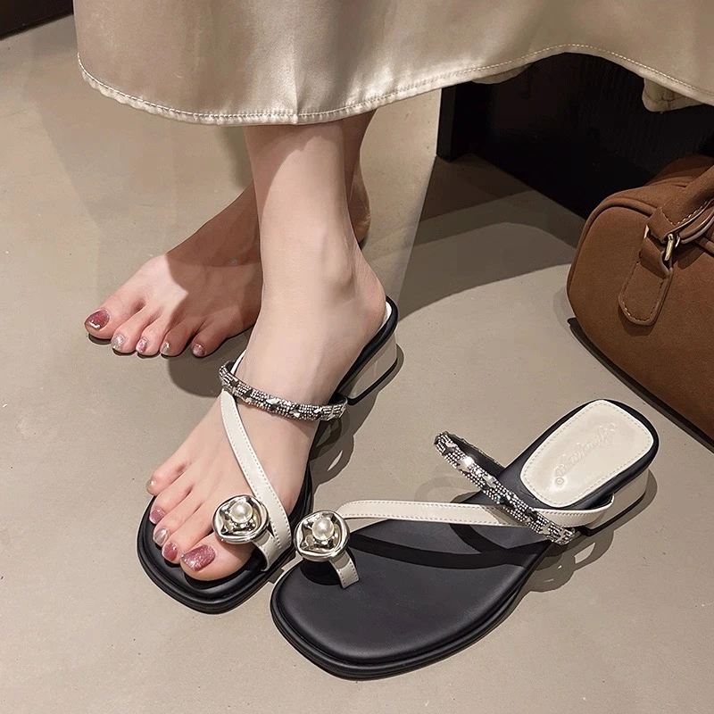 仙女风绝美套趾拖鞋女夏季新款外穿粗跟方头配裙子凉拖鞋w908-25