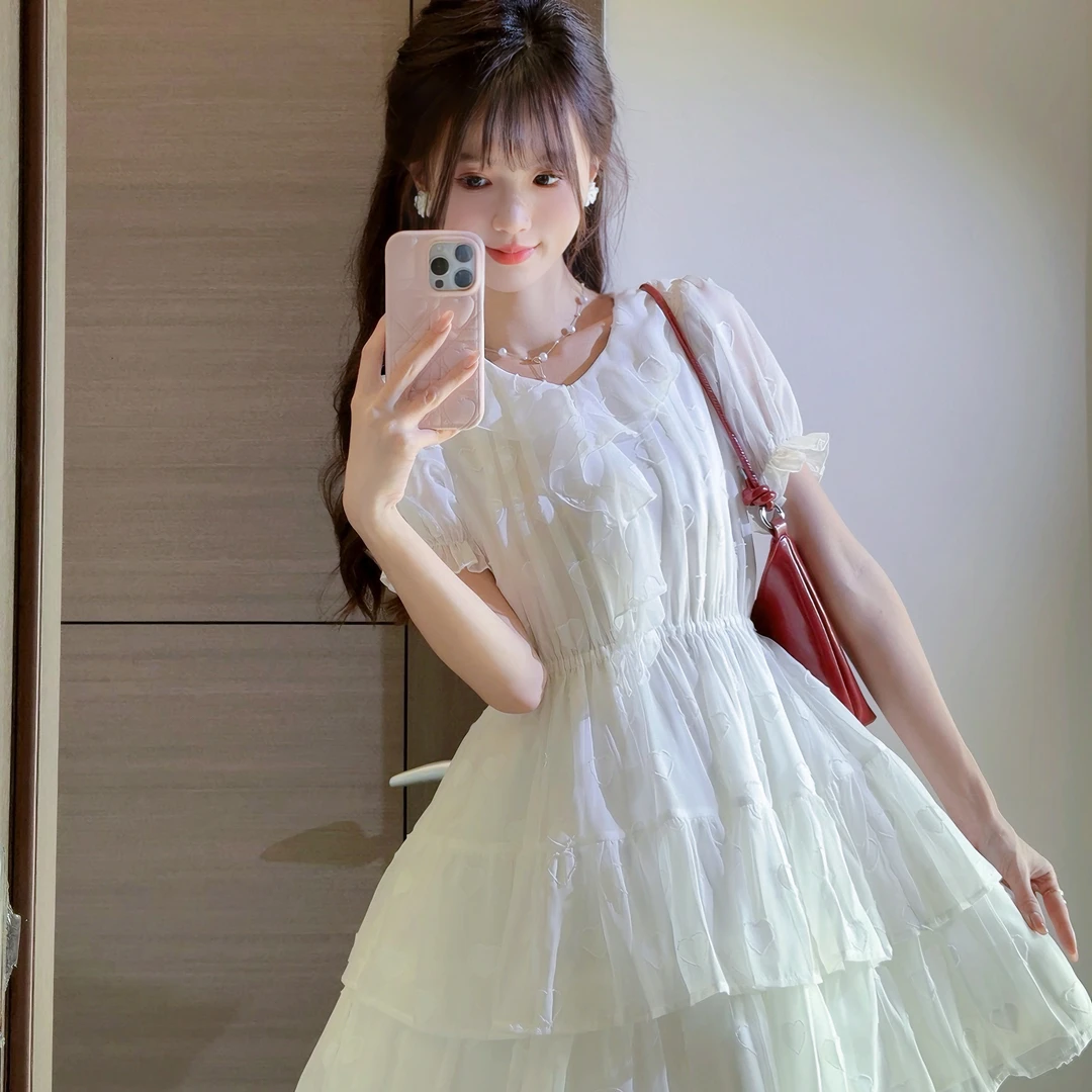 花崎鹿原创初夏记事连衣裙温柔少女感白色短裙气质甜美小个子超仙
