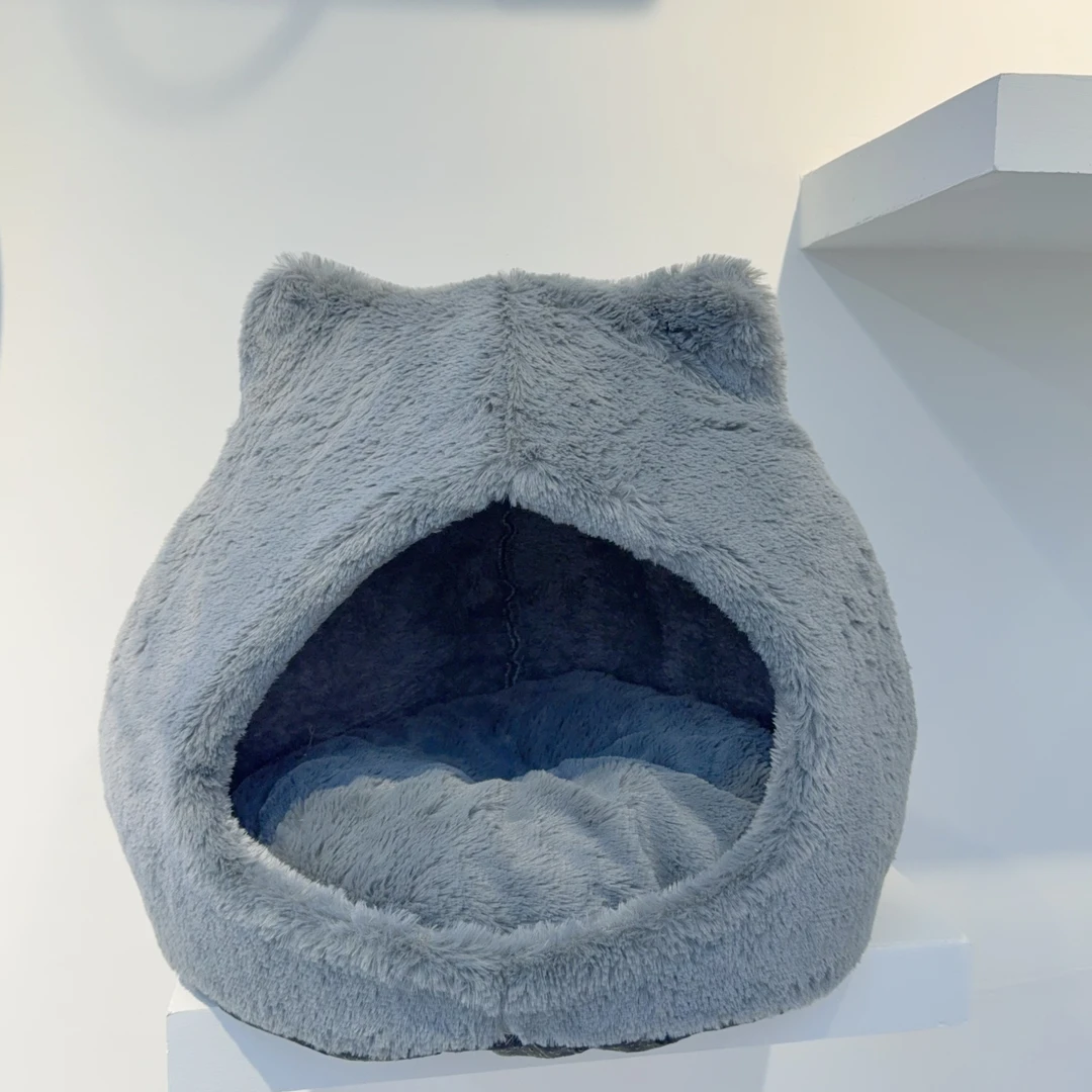 可爱猫头造型宠物窝半封闭设计四季通用耐脏保暖
