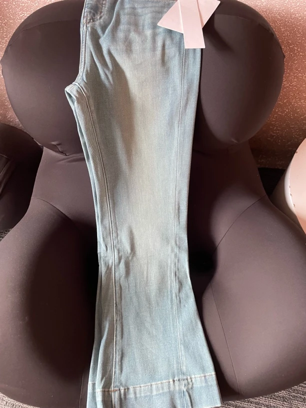 浅蓝色四面弹高腰两粒扣修身显瘦拖地微喇牛仔裤女