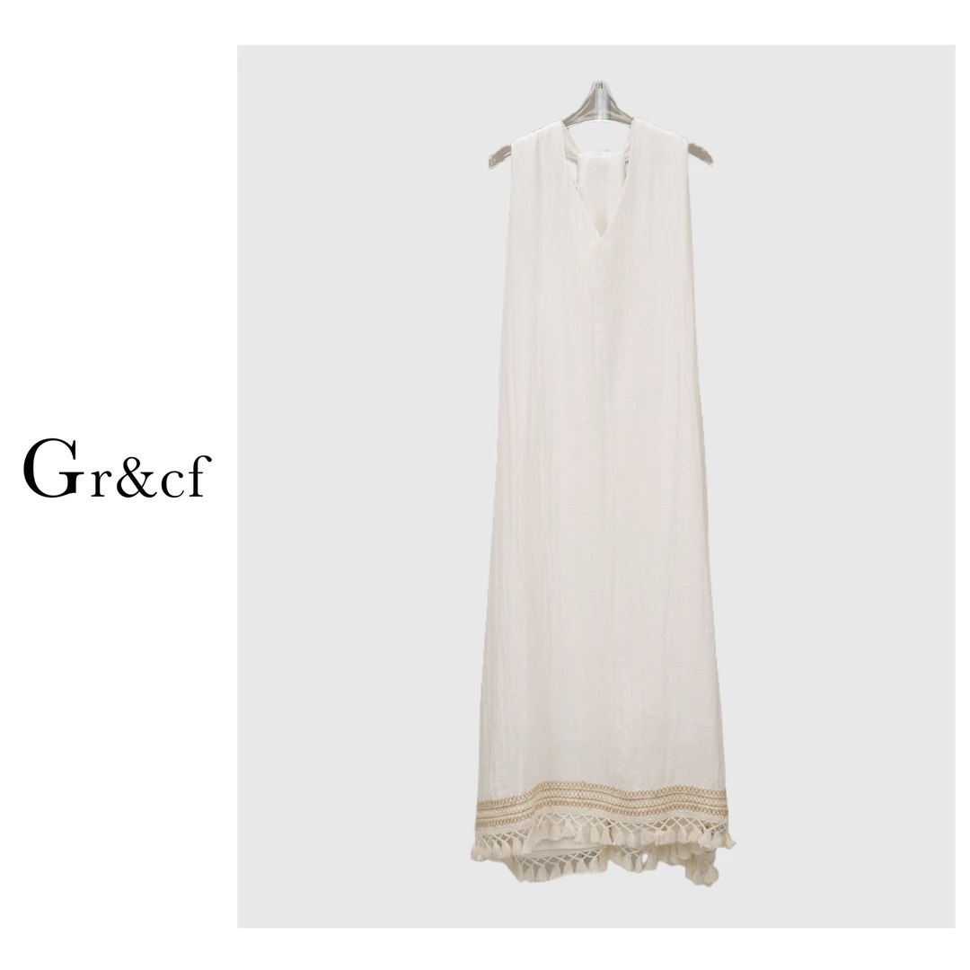 GR&CF/歌瑞丝芬301 夏季法式浪漫麻棉混纺砂洗肌理流苏无袖连衣裙