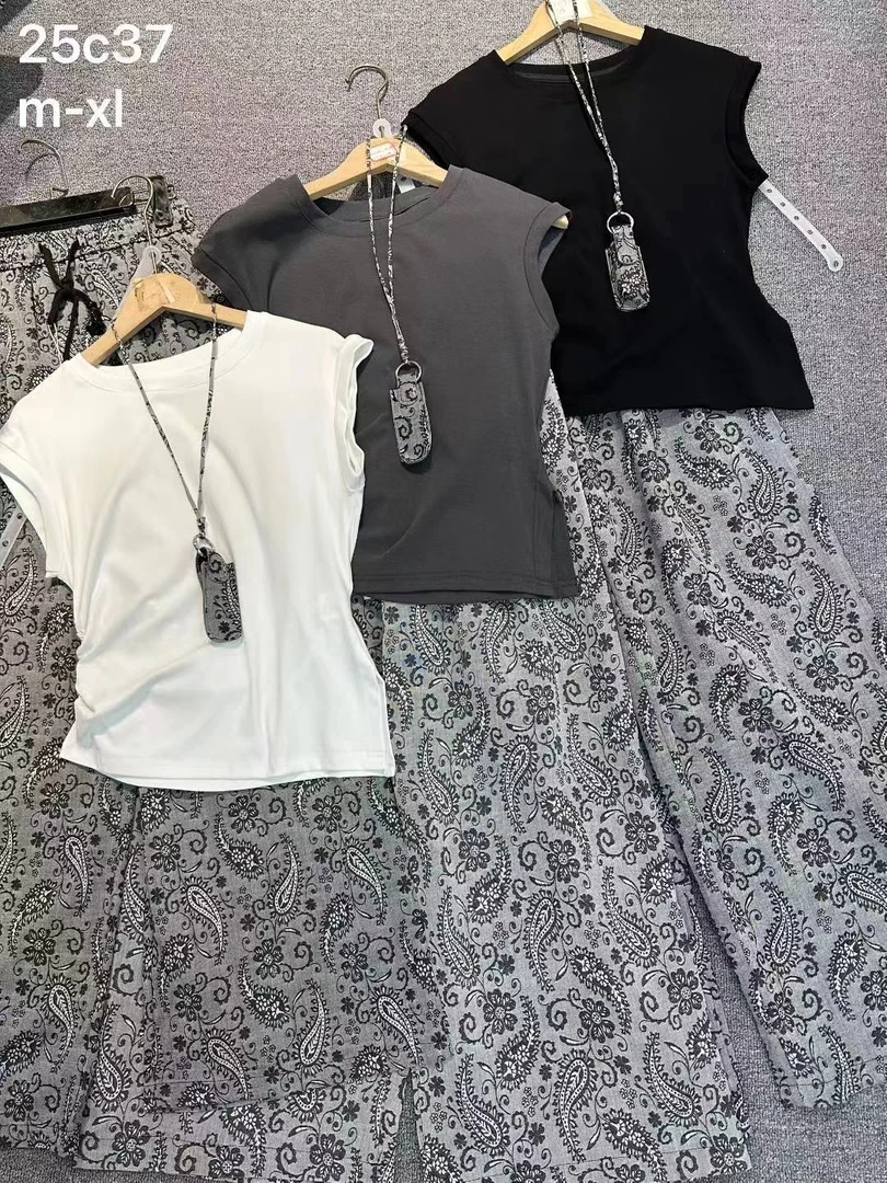 25C37【衣长50，裤长97】舒适上衣腰果花灰调松紧腰圈微阔两件套