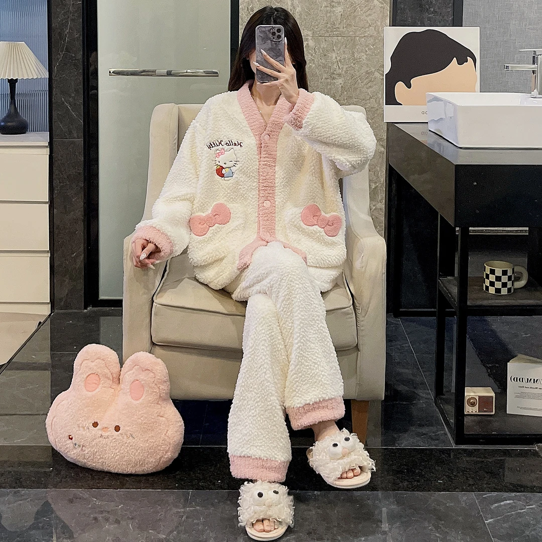 网红睡衣女新款冬季可爱猫咪半边绒韩系珊瑚绒宽松家居服套装
