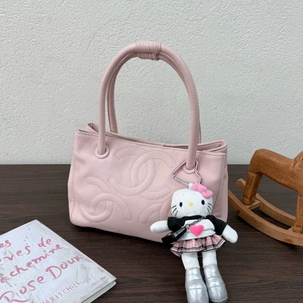 95新 Chanel/香奈儿 樱花粉荔枝纹托特单肩包 117615 有卡04-05年