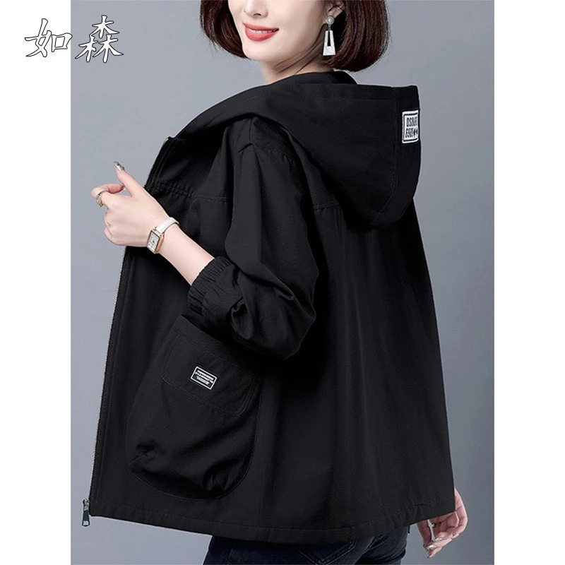 黑色大码休闲连帽外套女士春秋薄款中年妈妈夹克洋气宽松百搭上衣