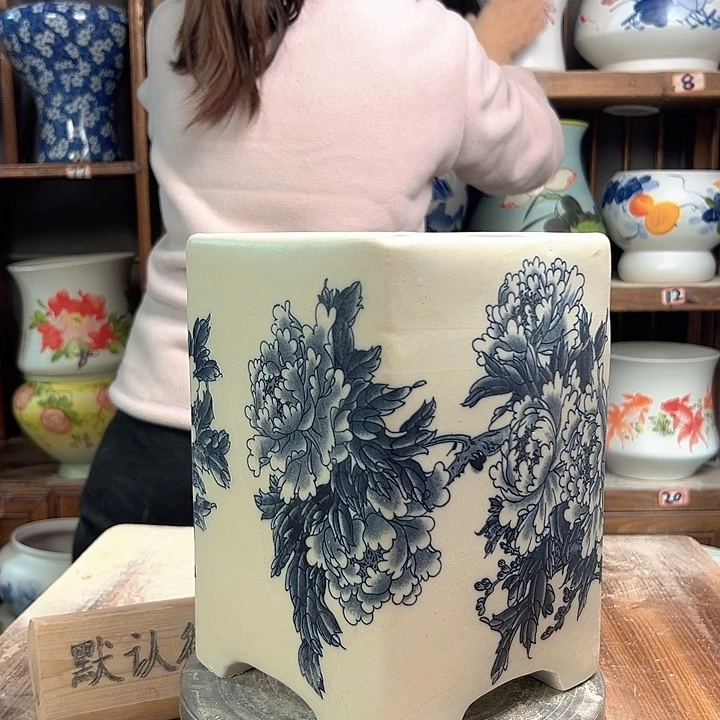 陶四方盆复古牡丹陶瓷