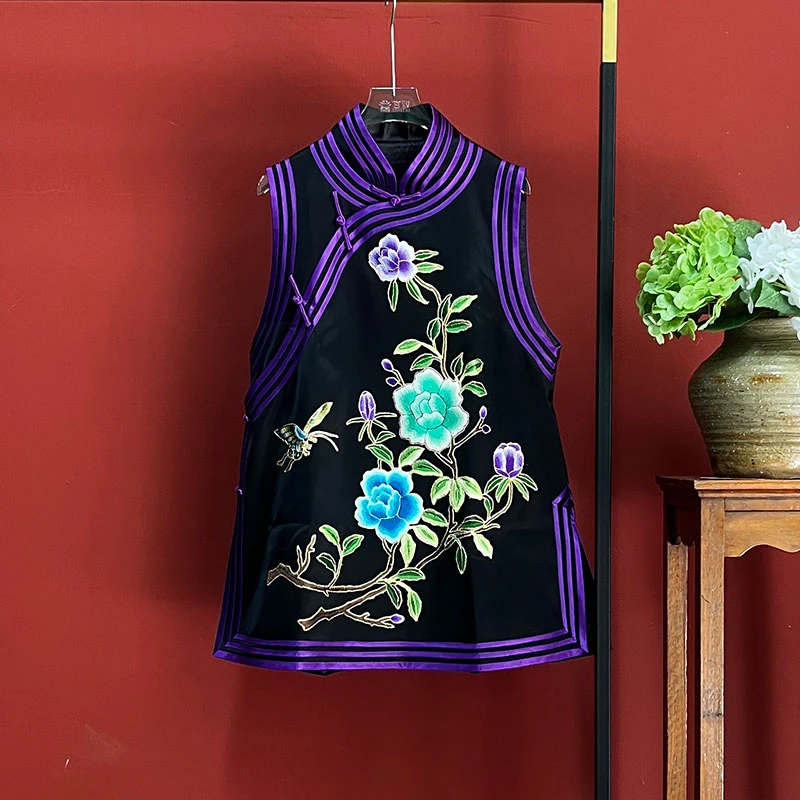 【老绣马甲裙】百年老绣龙凤花卉桑蚕丝立领偏襟中长款百搭马夹裙