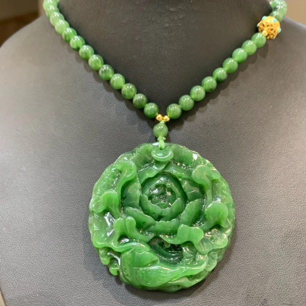 和田玉碧玉牡丹花吊坠项链02