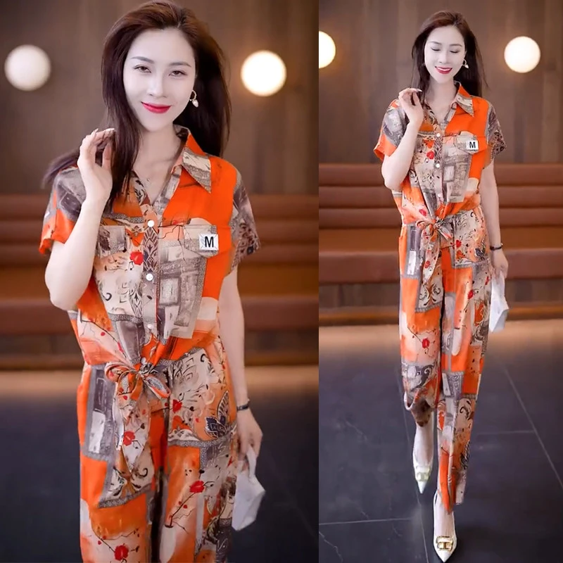 时尚雪纺衫套装女2023夏季新款洋气质遮肚子显瘦垂感阔腿裤两件套