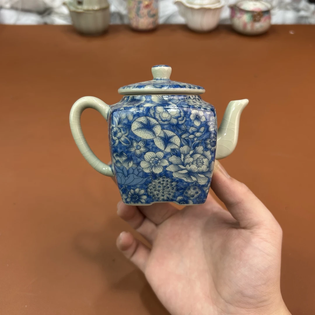 e346-青花百花图四方茶壶
