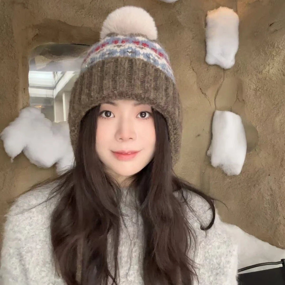 秋冬新款费尔岛提花针织毛线帽子女时尚百搭休闲包头帽保暖雷锋帽