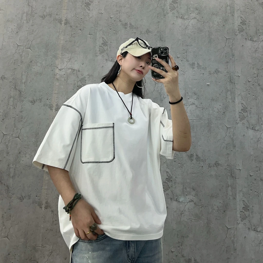 尹小鸡 380g重磅复古明辑线设计蝙蝠袖宽松百搭短袖T恤男女 1054