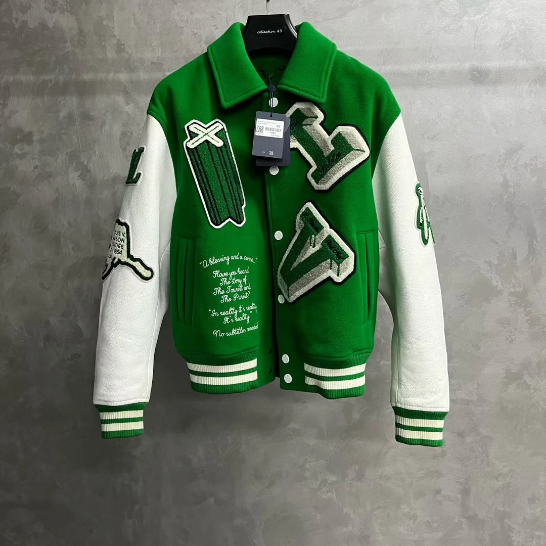 louis vuitton绿色字母图案拼接宽松长袖棒球服/48
