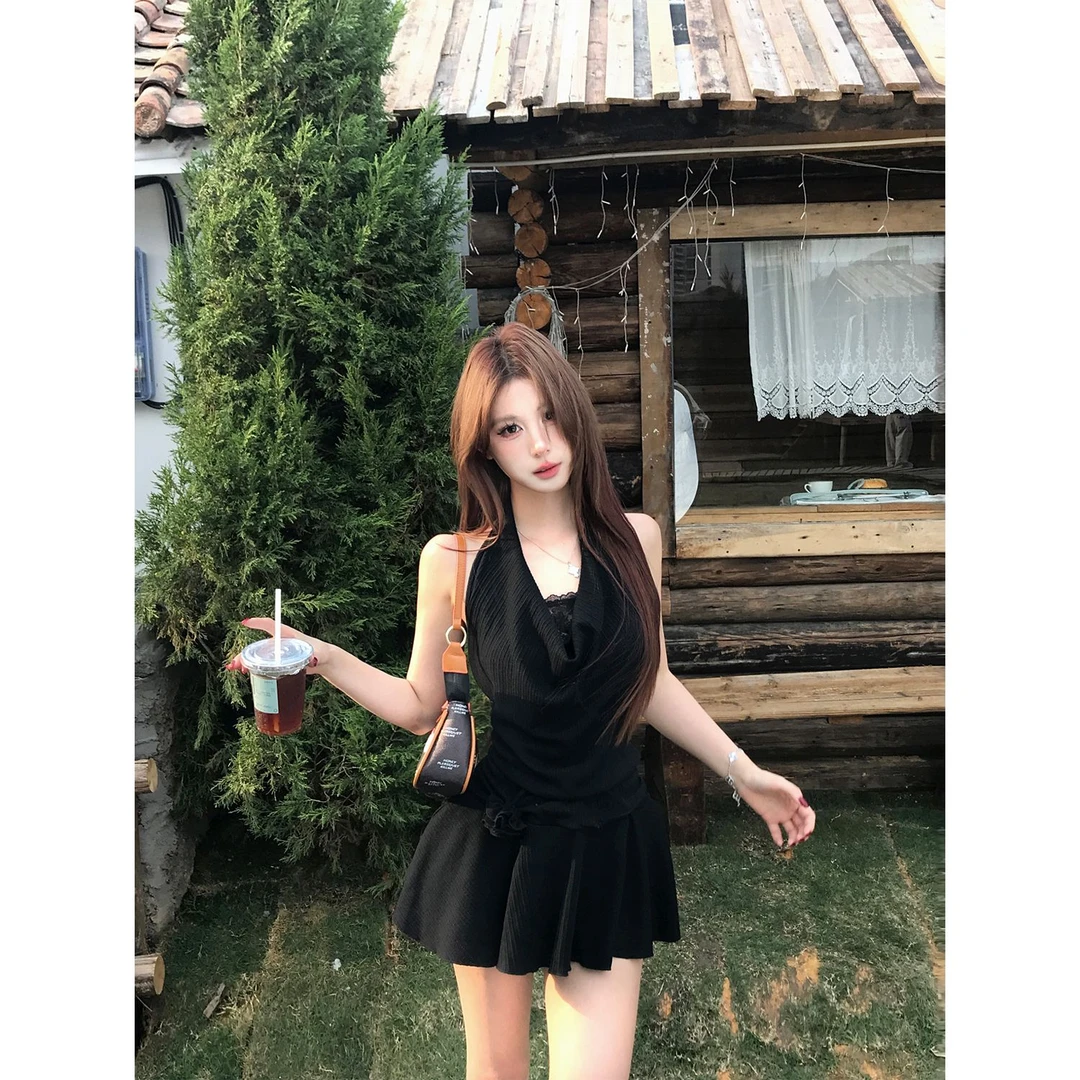 PINKMOON暗夜精灵黑色性感假两件蕾丝连衣裙女纯欲挂脖裙子