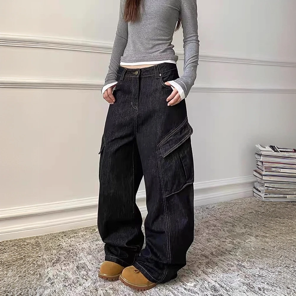 大码美式复古大口袋弯刀工装牛仔裤女高街宽松休闲百搭阔腿拖地裤