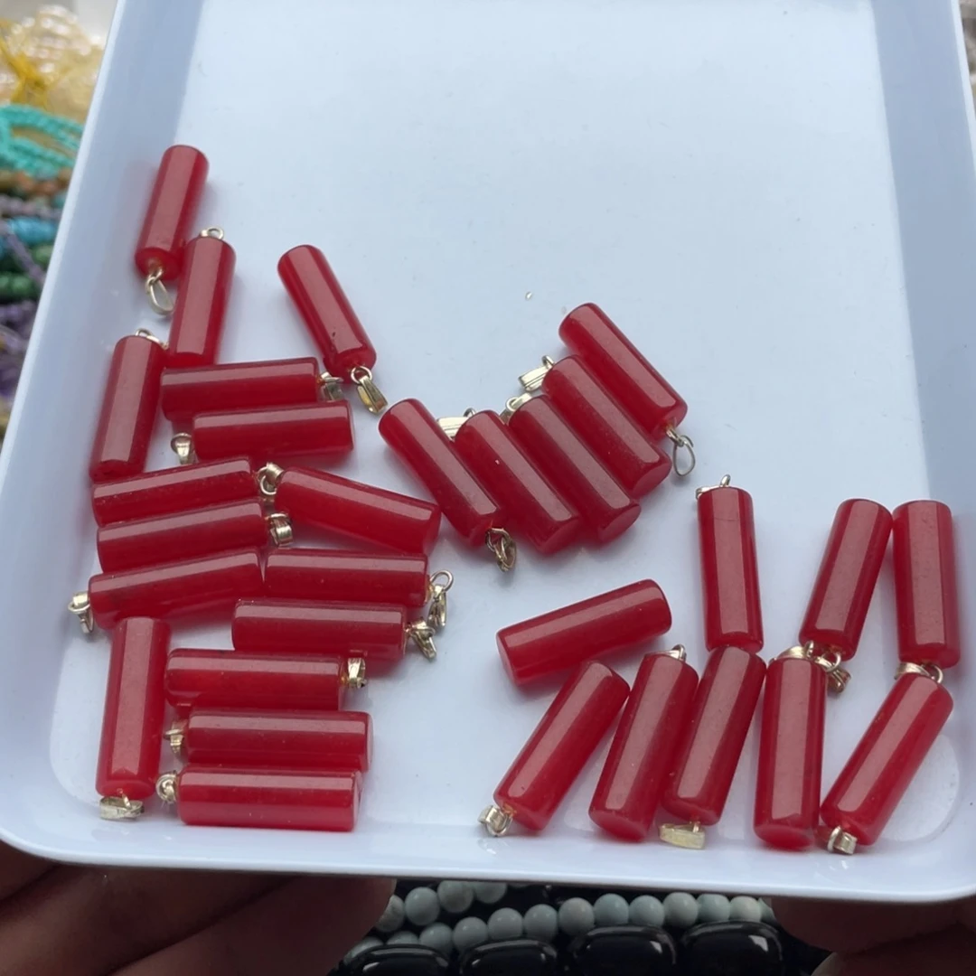 玛瑙/玉髓合金珠宝半成品十个装红玉髓圆管吊坠8*23mm
