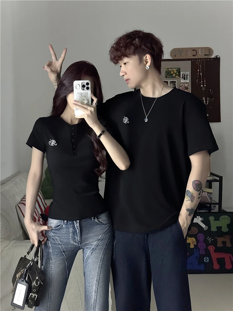 情侣装夏季韩版T恤刺绣纯色ins短袖百搭一长一短男女上衣潮