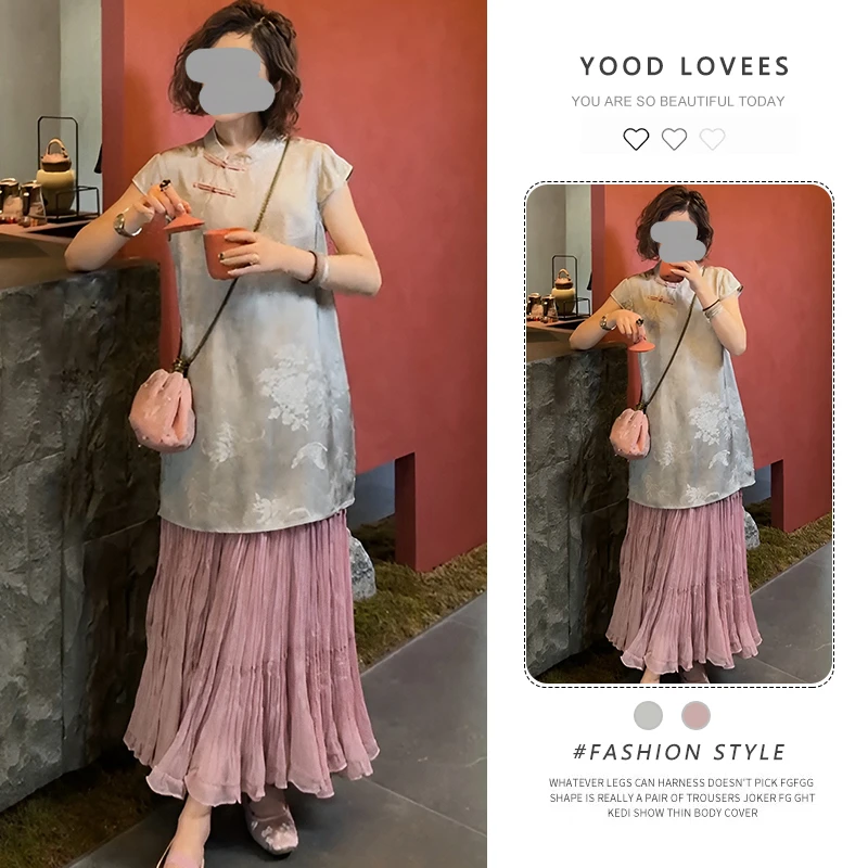 新中式国风提花短袖衬衫女2025新款宽松飘逸木耳边蛋糕裙半裙套装