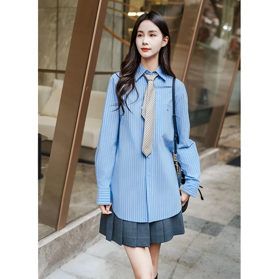哥弟新款时尚女装翻领经典百搭直身长袖单排扣廓形衬衫1300994