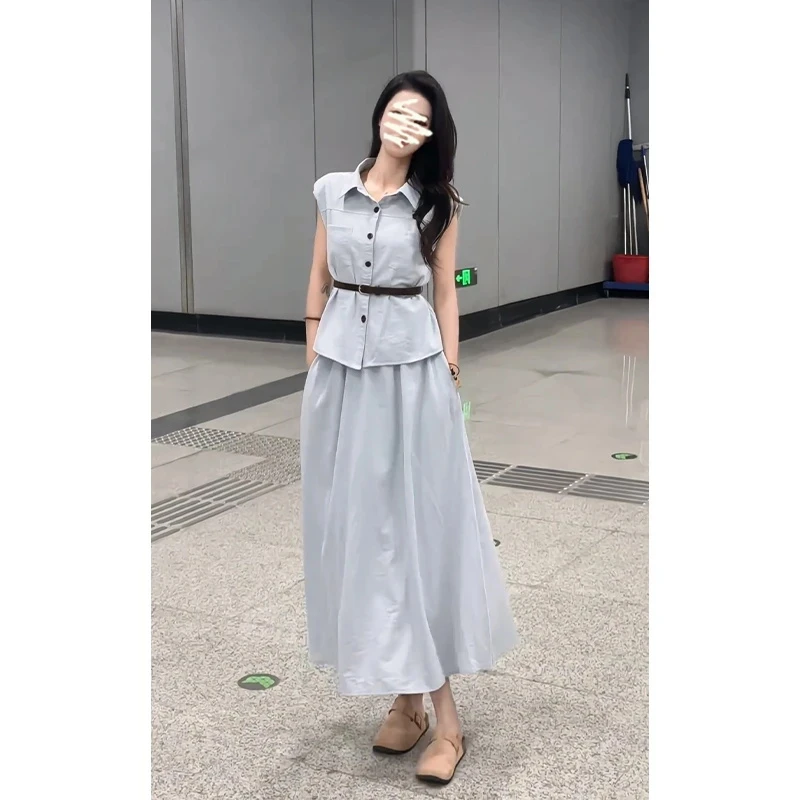 法式高级感修身翻领短袖上衣2025夏季新款气质高腰显瘦A字半身裙