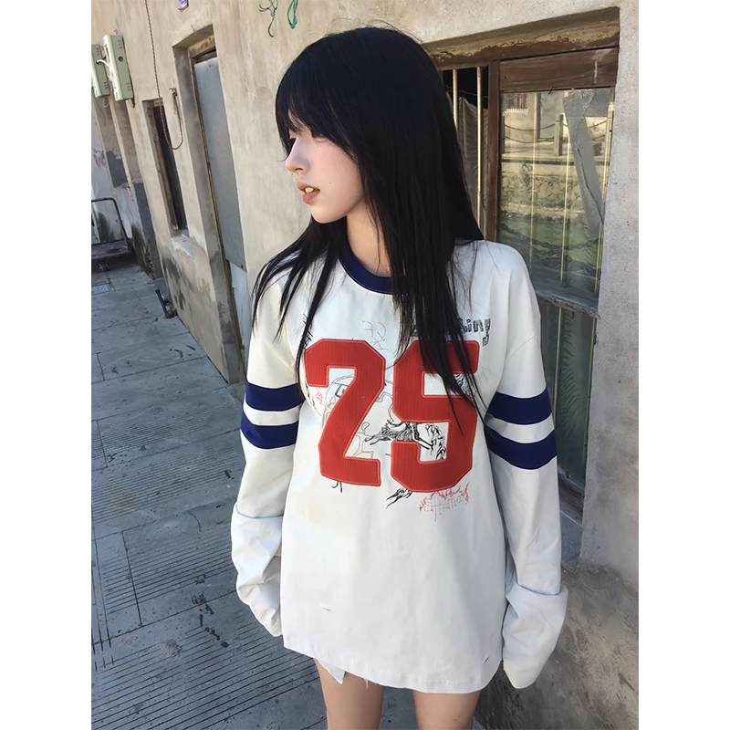 2025秋季新款美式辣妹长袖撞色刺绣潮流涂鸦印花街头情侣男女T恤