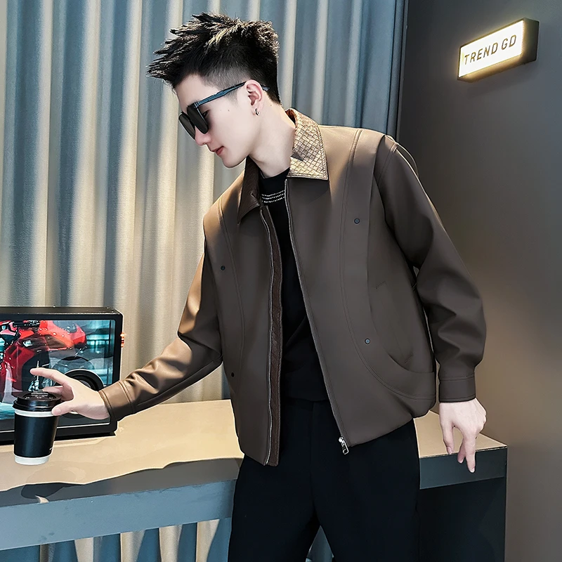 设计感拼接翻领皮衣男款外套秋冬季2025新款爆款痞帅百搭皮夹克衫