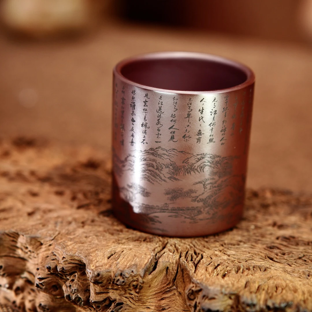 宜兴原矿紫砂 茶具 全手工制作 石红山水刻绘紫砂杯