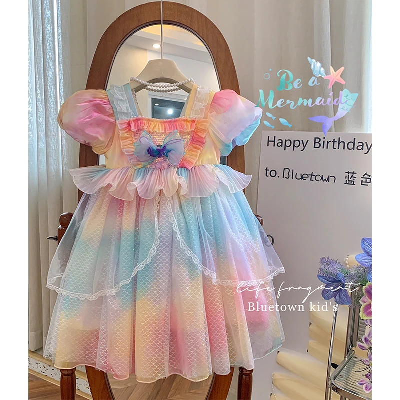 【本妈】2025夏“人鱼姬”女童泡泡袖渐变网纱洛丽塔连衣裙85801