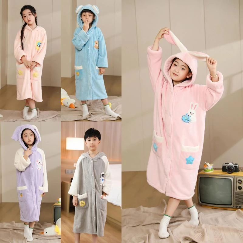儿童冬季加厚连帽浴袍可穿式男女珊瑚绒柔软小孩可穿带帽带袖浴巾
