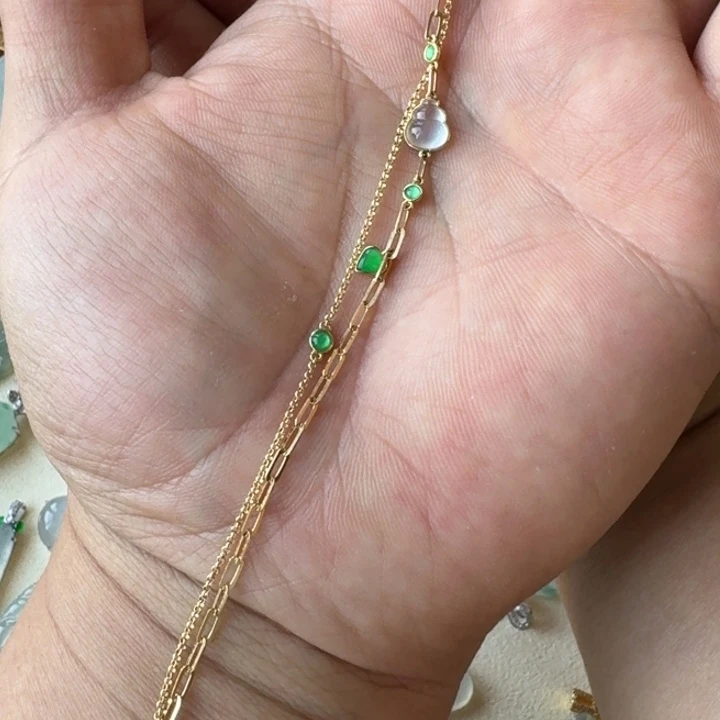 翡翠手链18K金镶嵌白冰葫芦手链